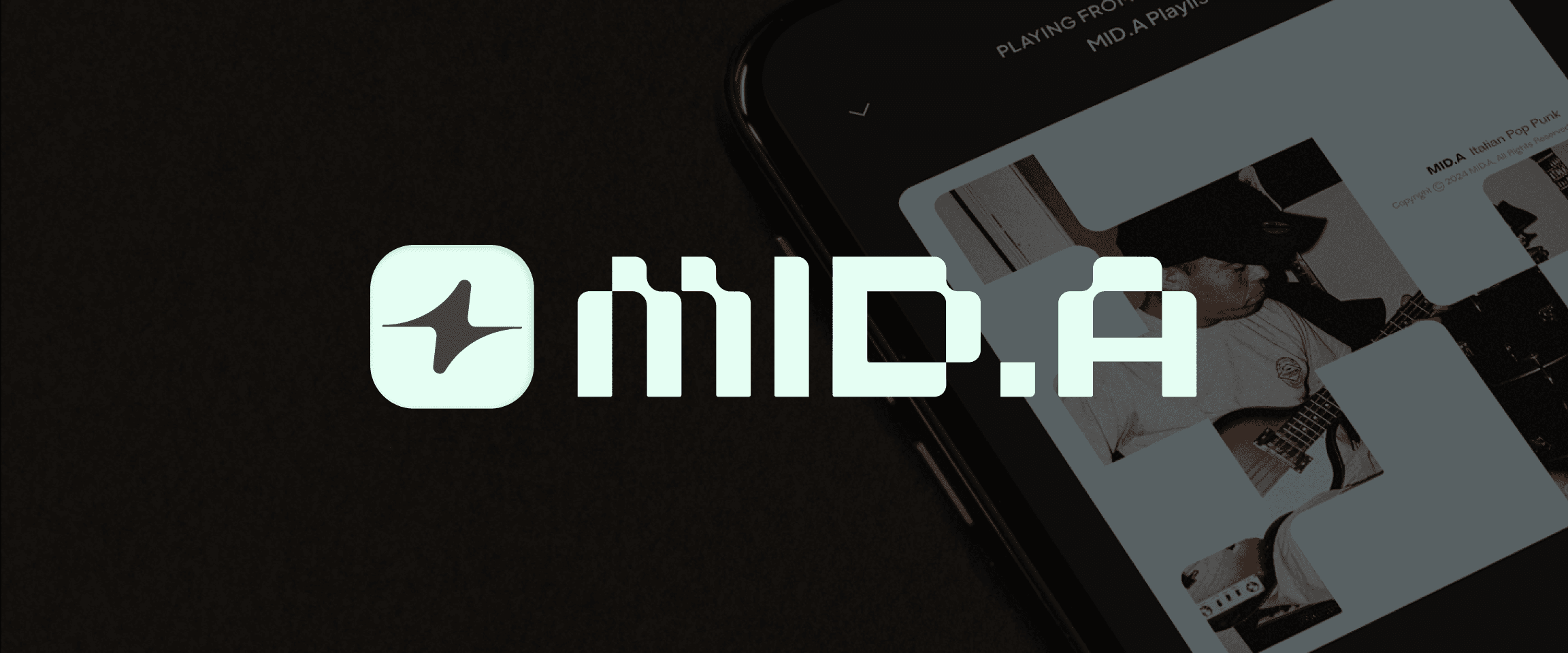 MID.A 파트너 프로그램 소개 화면, 앨범 커버 아트와 브랜드 로고 포함